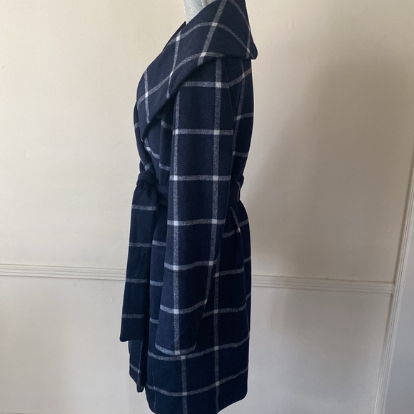 ANN TAYLOR 💙NAVY BLUE & WHITE🤍 WINDOWPANE PATTERN WOOL WRAP COAT SIZE L🌟NWT🌟 - Picture 7 of 17